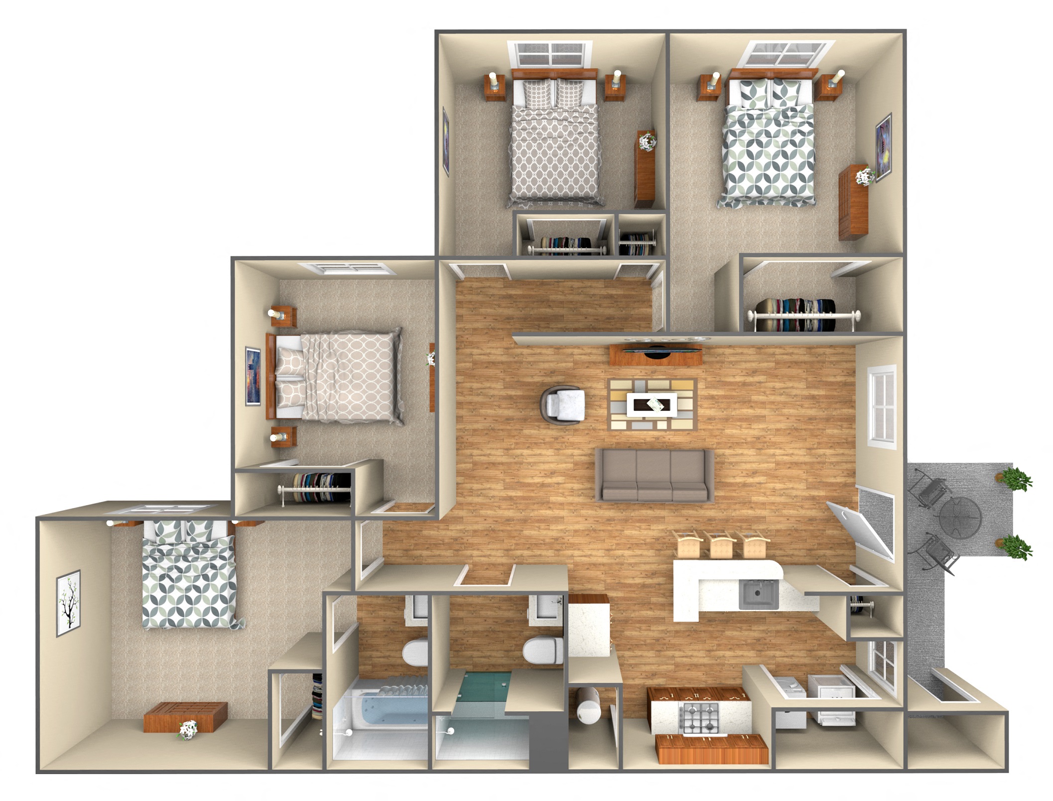 Floor plan for 4 beds, 2 baths, 1351 sqft